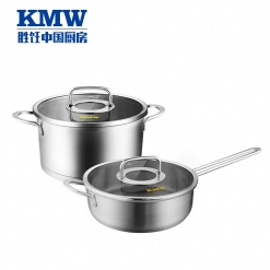 KMW 汤锅煎锅两件套304不锈钢加厚锅体 烹饪可见玻璃盖 